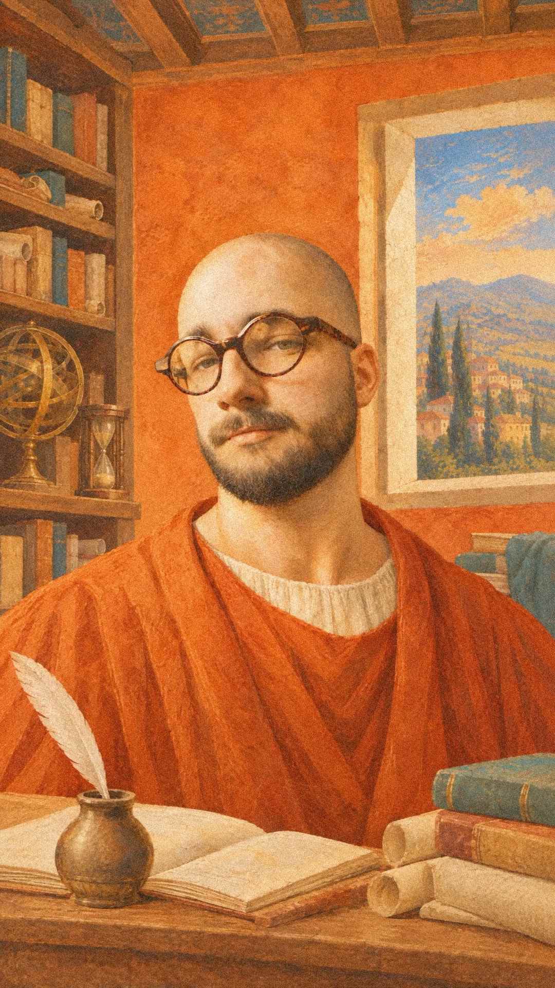 Andrej Kostal painted as a Renaissance scholar in his study